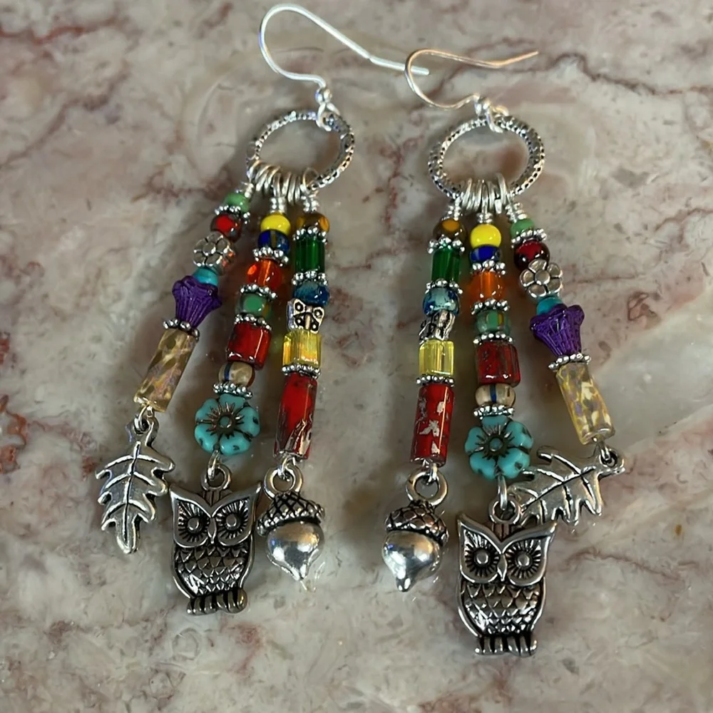 New Without Tags~Woman’s Multi Colored Beaded Fall Style Hook Back Earrings - Picture 4 of 4